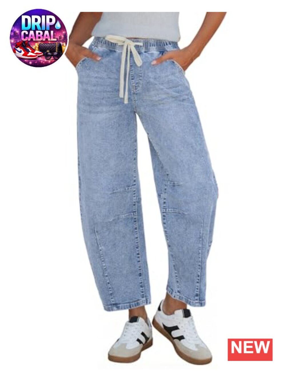 Womens High Rise Barrel Jeans Pull On Elastic Waist Crop Denim Pants Stretchy